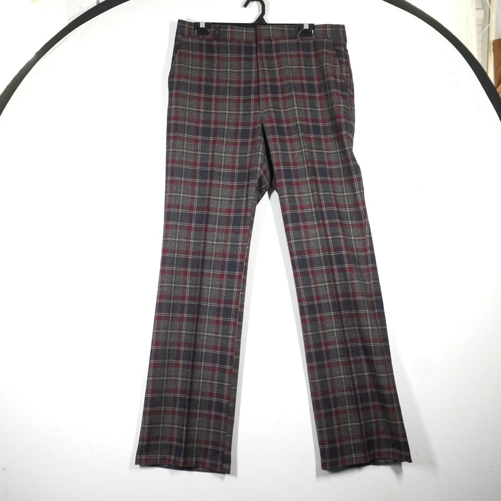 VTG Belle Meade Thomson Plaid Wool Trousers Mens 35x32 Grey Red Tartan Academia